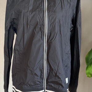 Adam Levine Jacket Mens L Navy Nylon Bomber Stripe Ribbed Trim Zip Lightweight